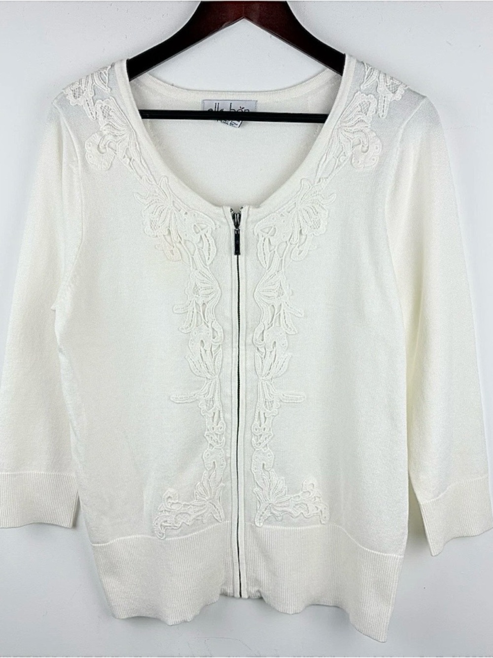 Women’s Vintage Crochet Embroidered Zip Cardigan Sweater Ivory Boho Cottage Sz L